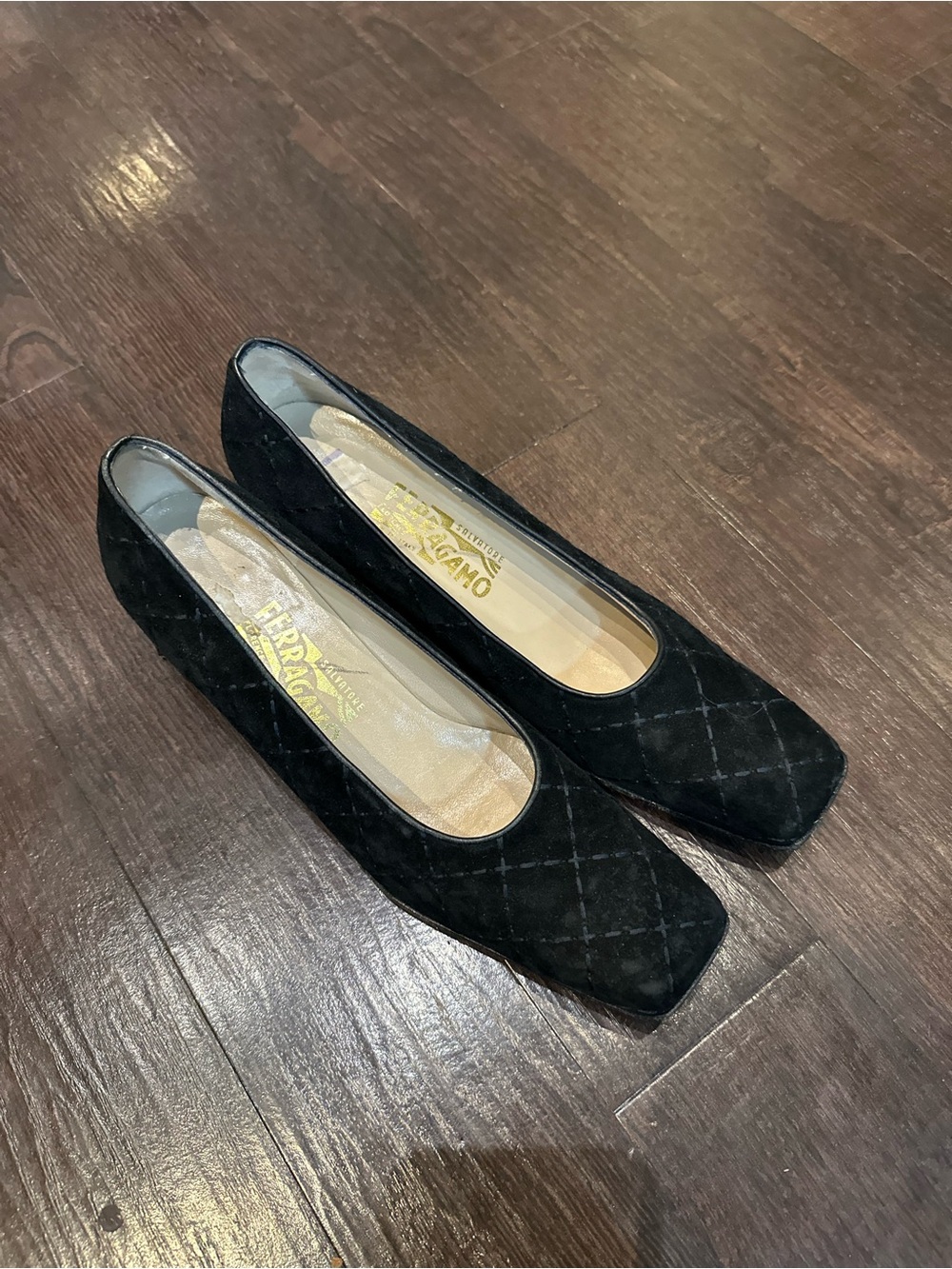 Salvatore Ferragamo Black Quilted Suede Flats